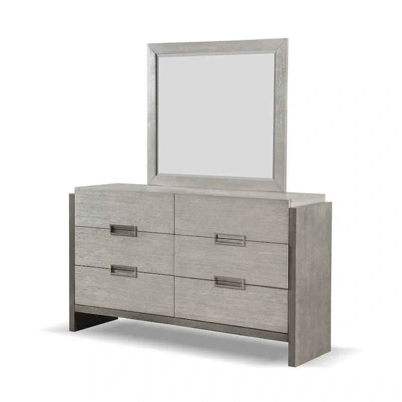 Set Camera da Letto Moderno 5 Pezzi con Pannelli in Legno Massello Grigio (Include Letto, Due Comodini, Toeletta e Specchio)