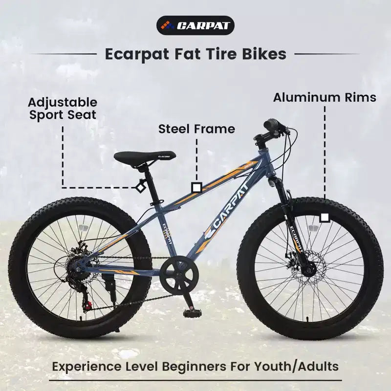 Vélo Okak 24 pouces Fat Tire avec suspension avant, VTT 7 vitesses avec frein à disque et cadre en acier à haute teneur en carbone, Vélo de randonnée pour les trajets quotidiens