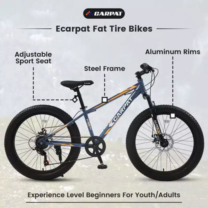 Vélo Okak 24 pouces Fat Tire avec suspension avant, VTT 7 vitesses avec frein à disque et cadre en acier à haute teneur en carbone, Vélo de randonnée pour les trajets quotidiens