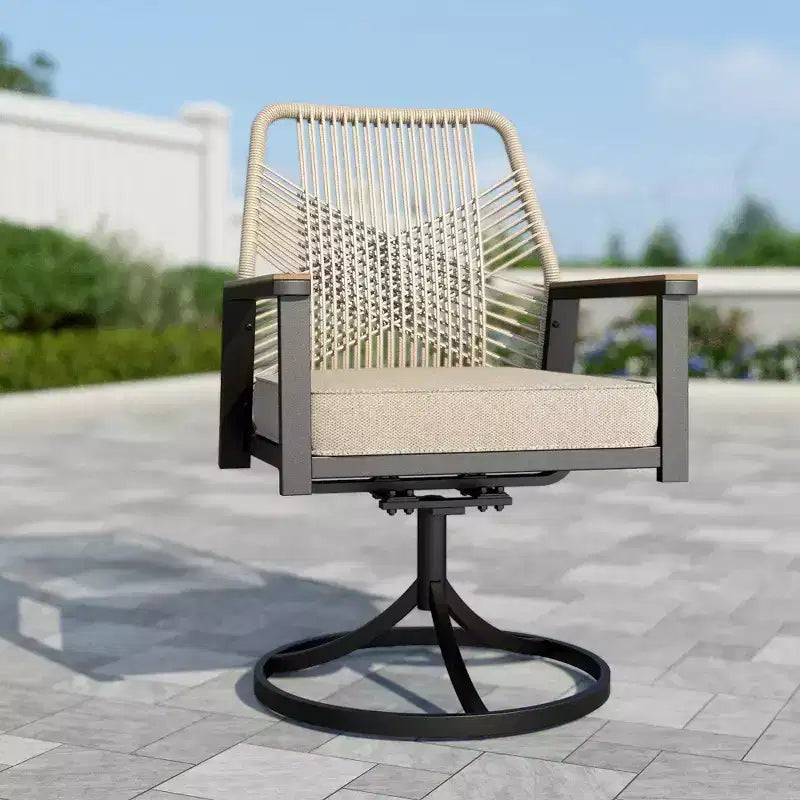 Captiva Designs Ensemble de 9 pièces Table de salle à manger carrée en métal à lattes et chaises pivotantes en osier avec coussins épais