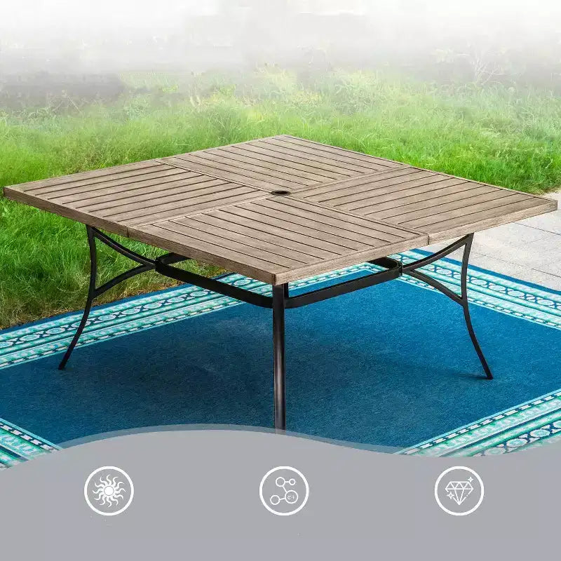 Captiva Designs Ensemble de 9 pièces Table de salle à manger carrée en métal à lattes et chaises pivotantes en osier avec coussins épais