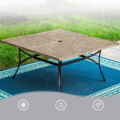 Captiva Designs Ensemble de 9 pièces Table de salle à manger carrée en métal à lattes et chaises pivotantes en osier avec coussins épais