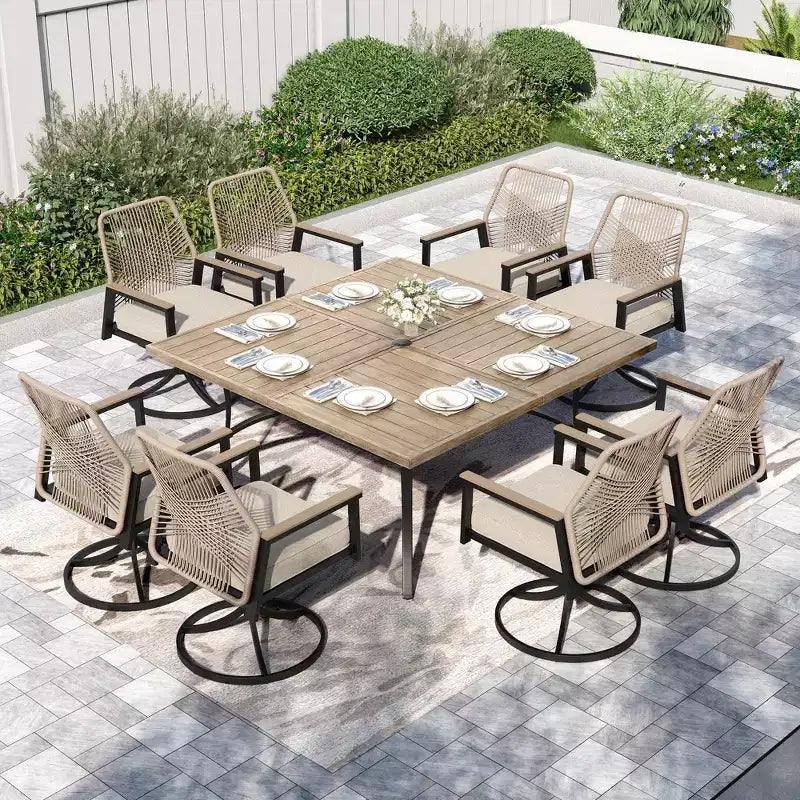 Captiva Designs Ensemble de 9 pièces Table de salle à manger carrée en métal à lattes et chaises pivotantes en osier avec coussins épais