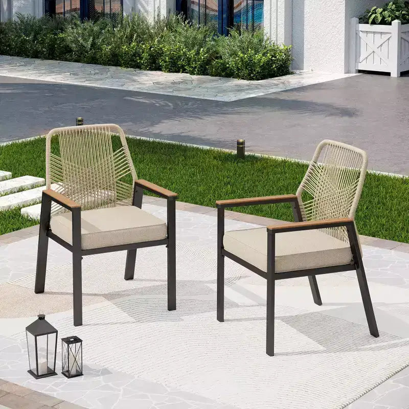 Captiva Designs Set da pranzo da 9 pezzi per esterni con tavolo rettangolare in acciaio e sedie fisse in vimini con cuscino spesso