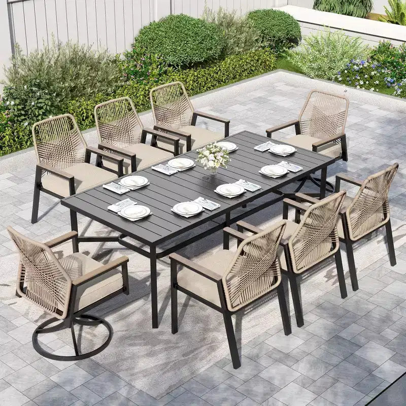 Captiva Designs Set da pranzo da 9 pezzi per esterni con tavolo rettangolare in acciaio e sedie fisse in vimini con cuscino spesso