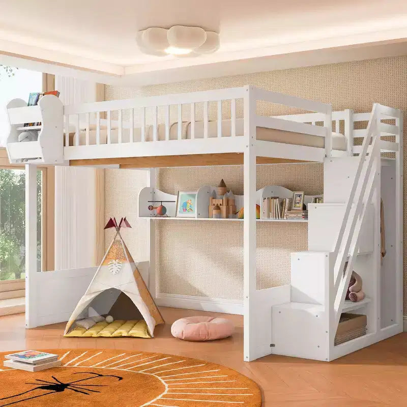 Letto a soppalco Queen Size con scaletta, armadio e scaffali - MDF, 295 kg