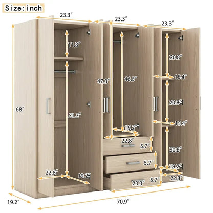 Armoire 6 portes en bois avec 3 grands tiroirs de rangement pour chambre à coucher