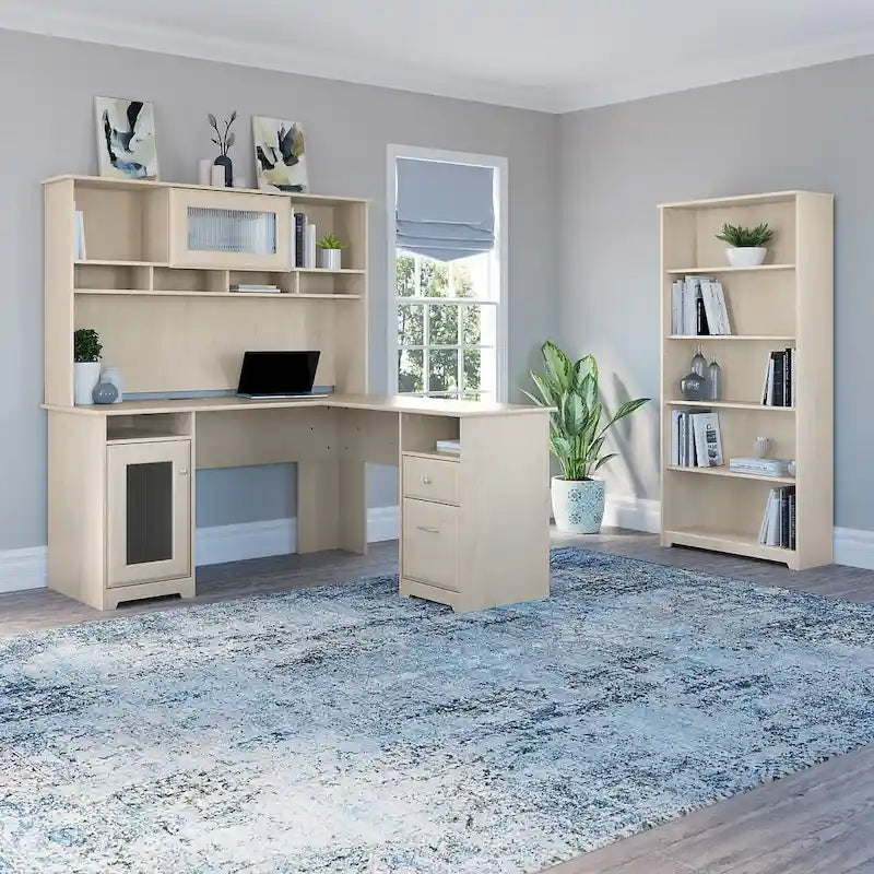 Bureau d'ordinateur en L de 60 pouces avec huche, bibliothèque à 5 étagères et tiroir classeur, capacité de 200 lb sur le bureau