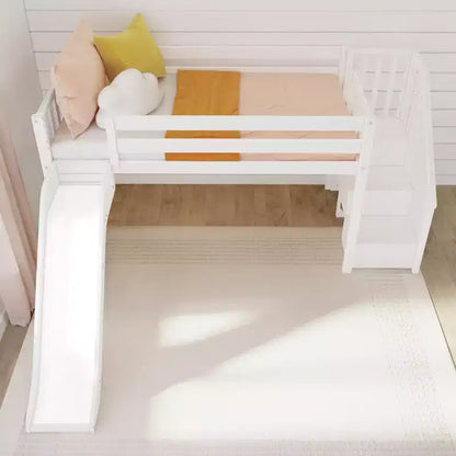 Lit mezzanine bas pour enfant, format jumeau, avec toboggan et escalier, plateforme de lit enfant en bois massif