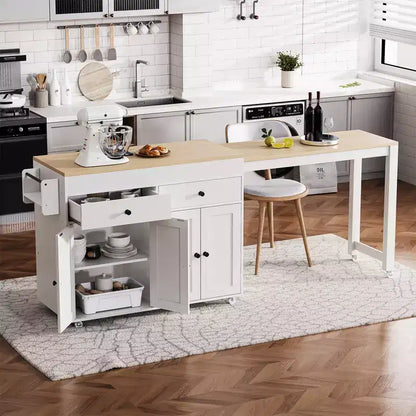 Isola da Cucina da 189 cm con Tavolo da Pranzo Estensibile, Carrello con 4 Armadietti, 2 Cassetti, Porta Spezie, Ripiani Regolabili