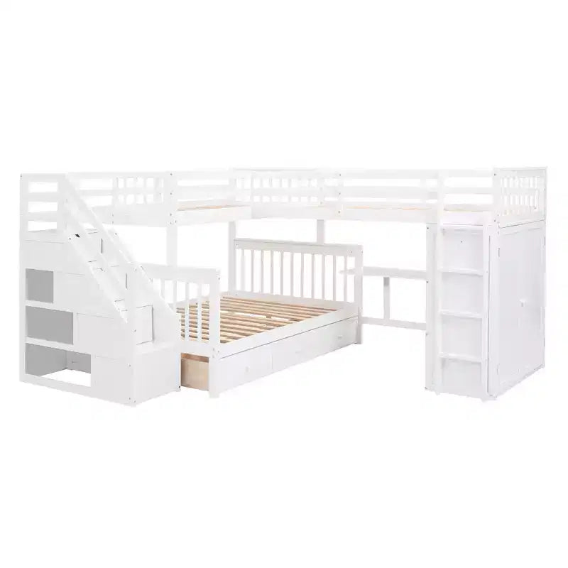 Lit superposé en L Whisen Modern Design (jumeau sur grand) avec 3 tiroirs, bureau portable et armoire
