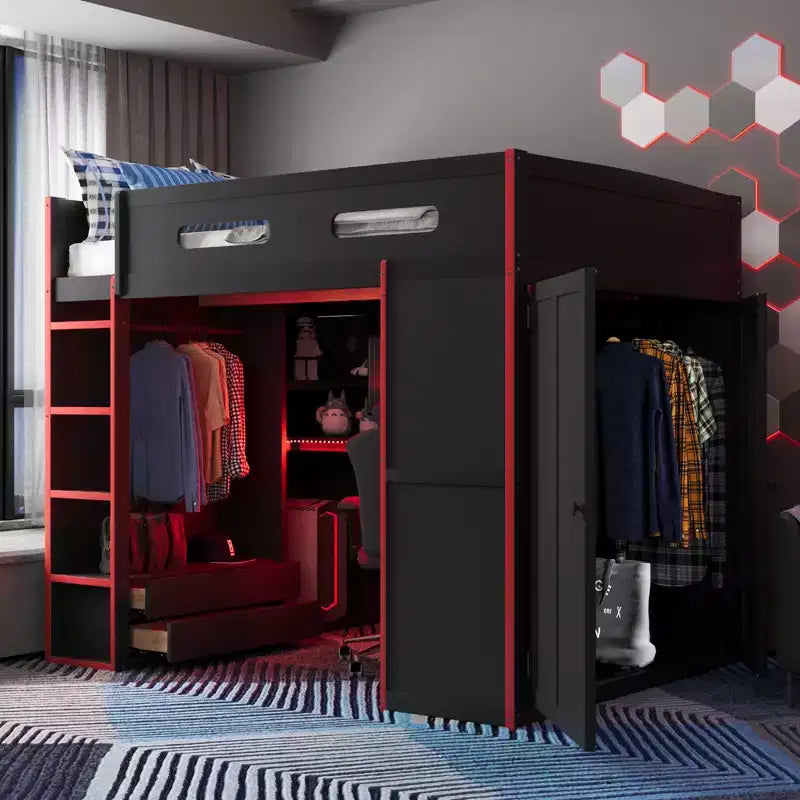 Merax Letto a soppalco a una piazza e mezza con scrivania, armadio, luci LED RGB e porta di ricarica USB Elegante struttura nera con spazio multi-contenitore per gli amanti dei giochi
