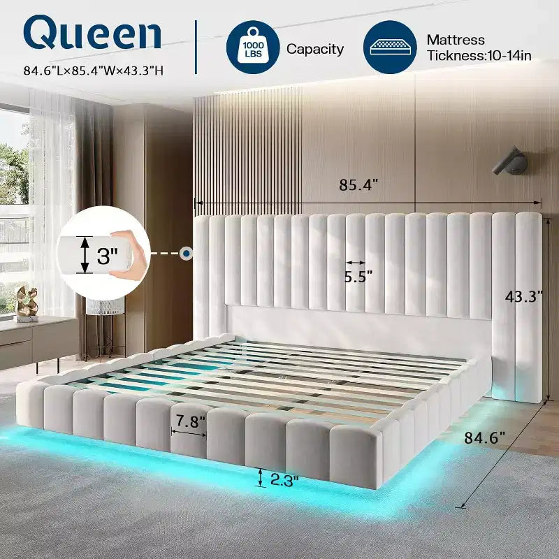 AMERLIFE Letto Imbottito con Luci LED, Design Flottante, Supporto a Doghe Solide