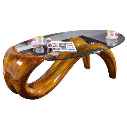 Table basse ovale moderne et abstraite avec plateau en verre et base en métal