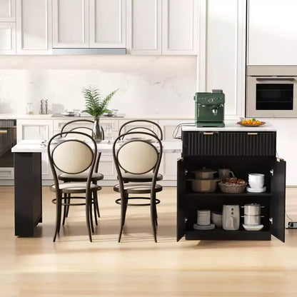 Îlot de cuisine cannelé avec table extensible, prise électrique et rangement double face