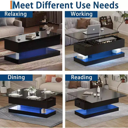 Table basse relevable avec éclairage LED, finition brillante, rangement contrôlé par application, réglable et convertible, table à manger moderne pour salon
