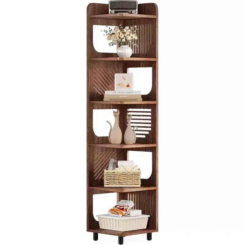 Étagère d'angle Lantine à 6 niveaux, bibliothèque haute rustique de 180 cm pour salon, chambre, bureau