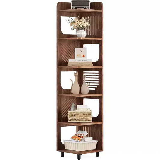 Étagère d'angle Lantine à 6 niveaux, bibliothèque haute rustique de 180 cm pour salon, chambre, bureau