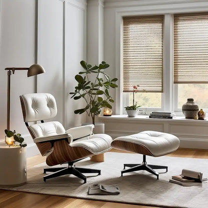 Chaise longue et pouf d'appoint en cuir pleine fleur de style Mid-century