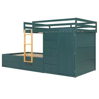 Lit superposé complet Whisen avec 2 grands tiroirs, 5 petits tiroirs et petite armoire