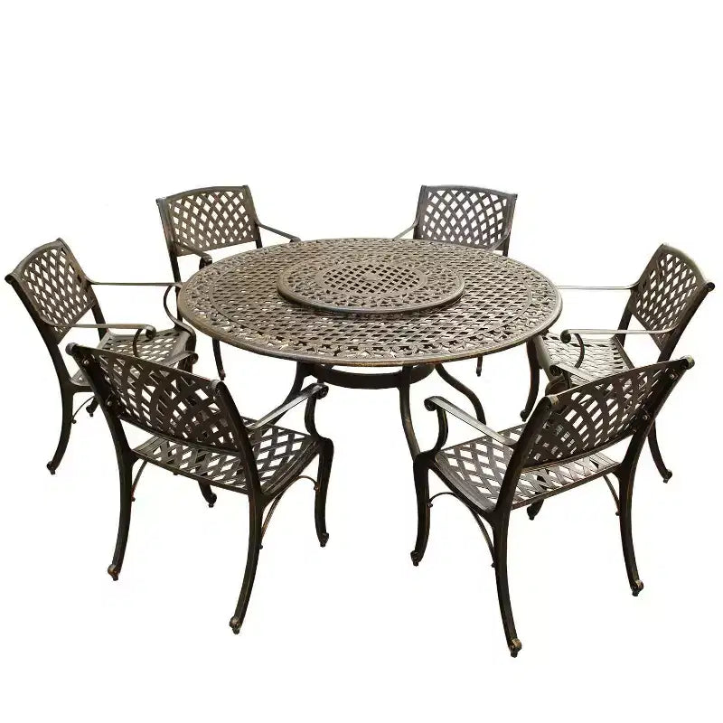 Set da pranzo da esterni da 7 pezzi con tavolo rotondo da 150 cm in alluminio a rete decorata, tradizionale e moderno-contemporaneo - Bronzo - Oakland Living