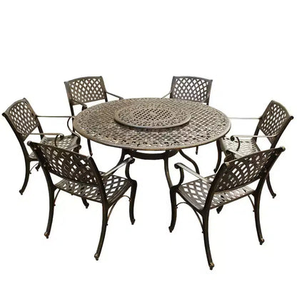 Set da pranzo da esterni da 7 pezzi con tavolo rotondo da 150 cm in alluminio a rete decorata, tradizionale e moderno-contemporaneo - Bronzo - Oakland Living