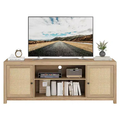 Mobile TV Boho, Porta TV in Rattan con Ripiani Regolabili e Contenitore, Quercia Naturale