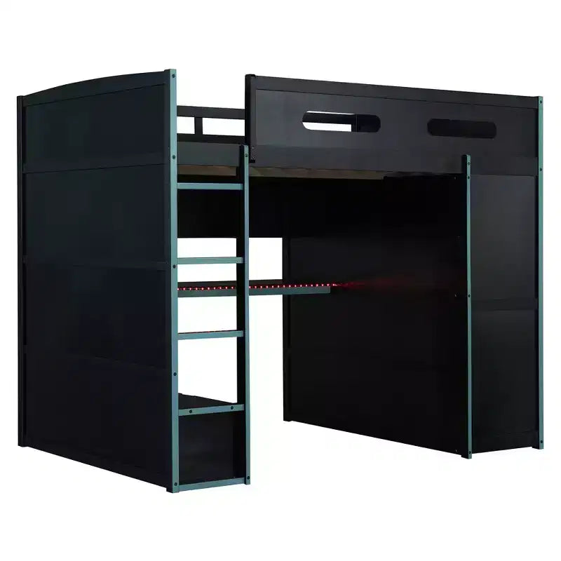 Merax Letto a soppalco a una piazza e mezza con scrivania, armadio, luci LED RGB e porta di ricarica USB Elegante struttura nera con spazio multi-contenitore per gli amanti dei giochi