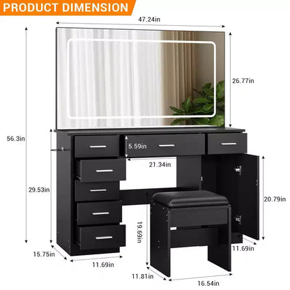 Toeletta Trucco con Specchio a LED a 3 Modalità e Prese di Ricarica, Grande Scrivania da Trucco con 7 Cassetti e Mobile Contenitore, Tavolo da Toeletta Moderno