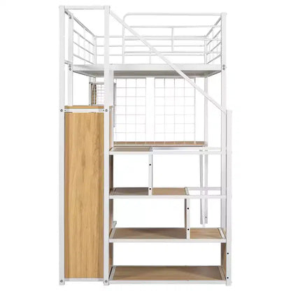 Lit mezzanine en métal Whisen 94''L x 40.9''W avec poste de travail intégré, armoire, escalier de rangement et LED, sécurité garantie