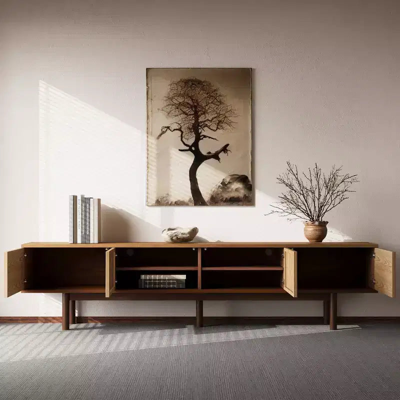 Meuble TV Mid-Century Modern 86,6 po en bois massif, console média avec espace de rangement, couleur naturelle