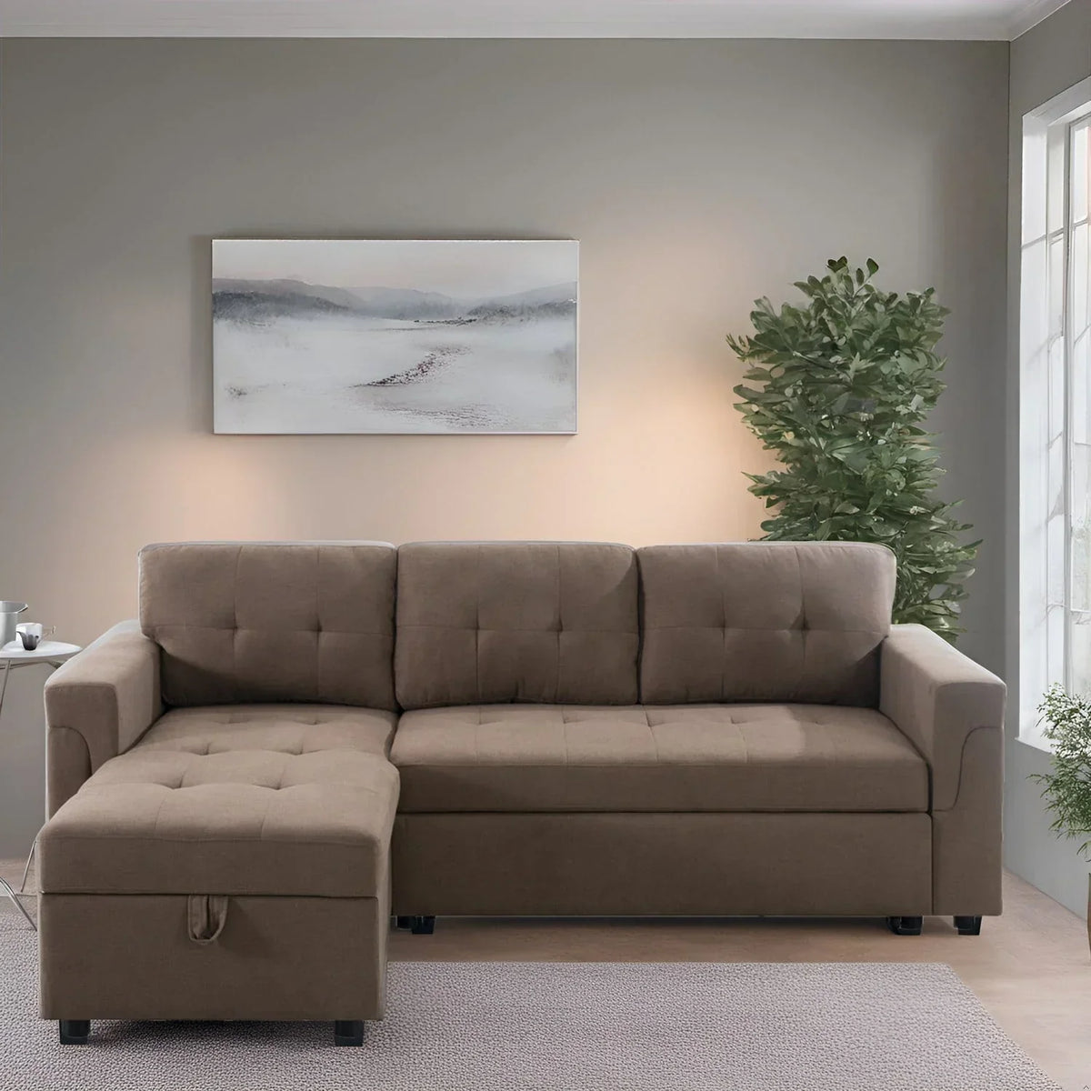 Divano componibile convertibile reversibile con letto estraibile, chaise longue con contenitore nascosto e gambe durevoli