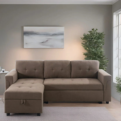 Divano componibile convertibile reversibile con letto estraibile, chaise longue con contenitore nascosto e gambe durevoli