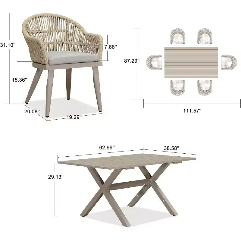 Set da pranzo da patio PURPLE LEAF con tavolo da pranzo da esterno in alluminio e sedie in rattan intrecciato, set di mobili moderni per giardino, cortile, arredamento da interni, colore champagne