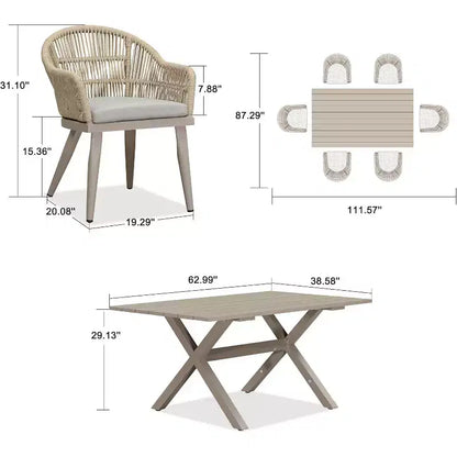 Set da pranzo da patio PURPLE LEAF con tavolo da pranzo da esterno in alluminio e sedie in rattan intrecciato, set di mobili moderni per giardino, cortile, arredamento da interni, colore champagne