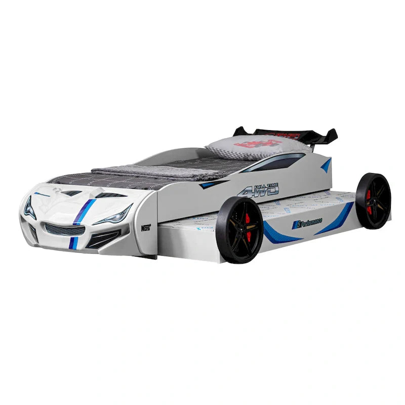 Lit enfant voiture de course double avec lit gigogne, finition brillante, pas besoin de sommier tapissier