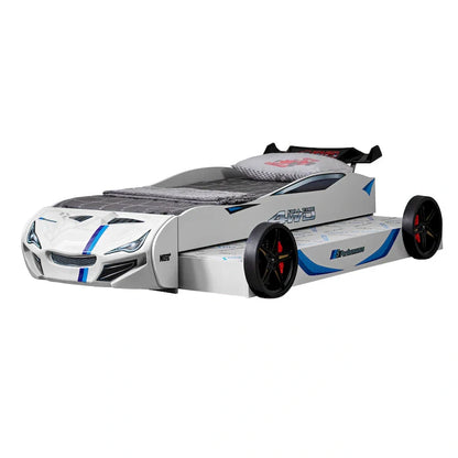 Lit enfant voiture de course double avec lit gigogne, finition brillante, pas besoin de sommier tapissier