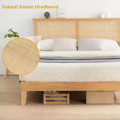 Struttura Letto in Rattan con Testiera Naturale, Luci a LED, Doghe in Legno Massello, Spazio Contenitore, Nessuna Rete a Molle Necessaria