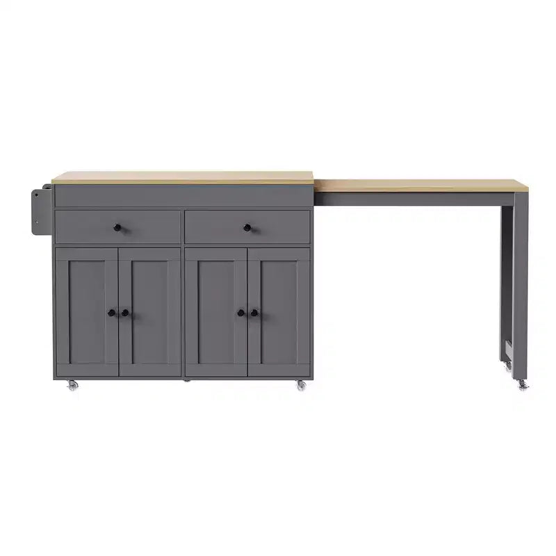 Isola da Cucina da 189 cm con Tavolo da Pranzo Estensibile, Carrello con 4 Armadietti, 2 Cassetti, Porta Spezie, Ripiani Regolabili