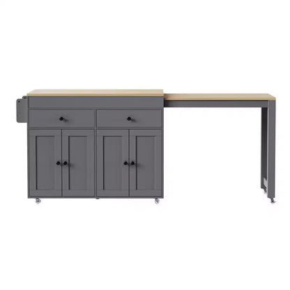 Isola da Cucina da 189 cm con Tavolo da Pranzo Estensibile, Carrello con 4 Armadietti, 2 Cassetti, Porta Spezie, Ripiani Regolabili