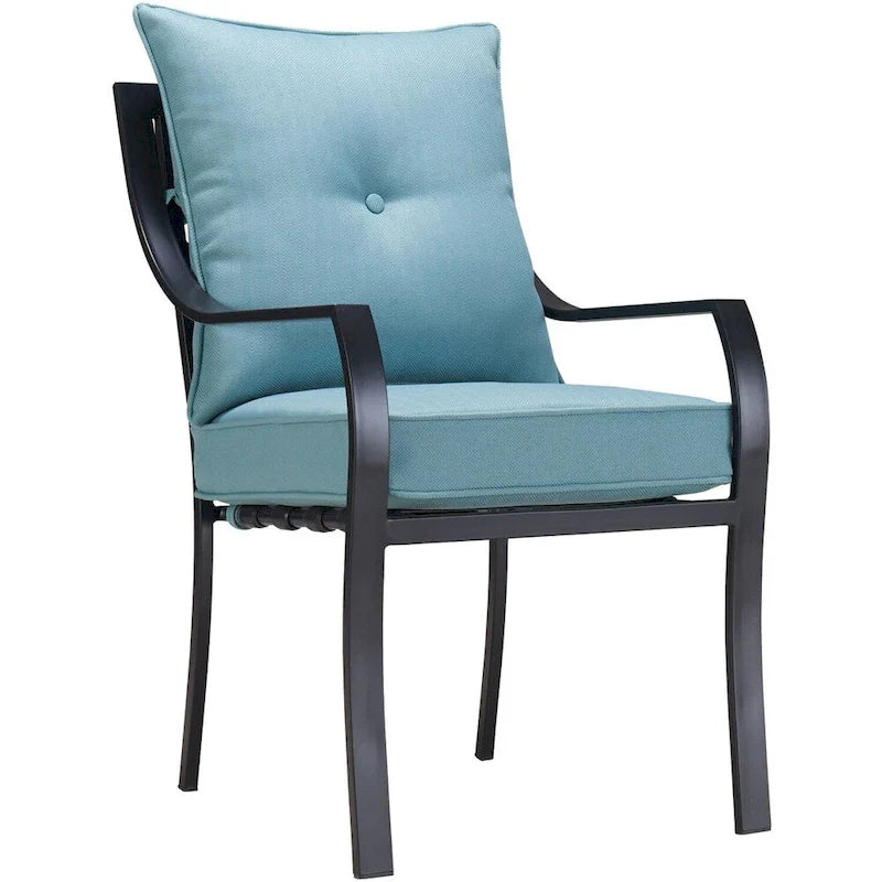 Hanover Lavallette Set da pranzo a 5 pezzi in blu oceano con 4 sedie fisse, tavolo rotondo da 52 pollici con ripiano in vetro, ombrellone e base