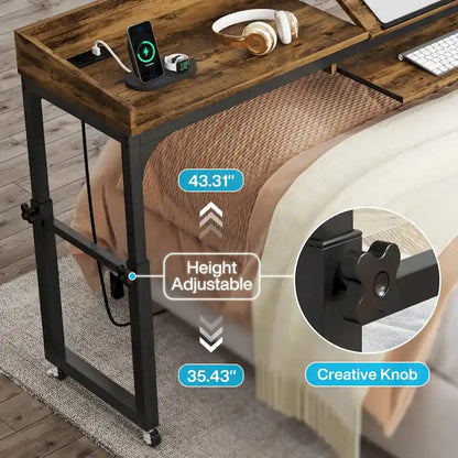Table de lit réglable en hauteur avec roulettes, Chariot mobile pour ordinateur portable avec prises et ports USB