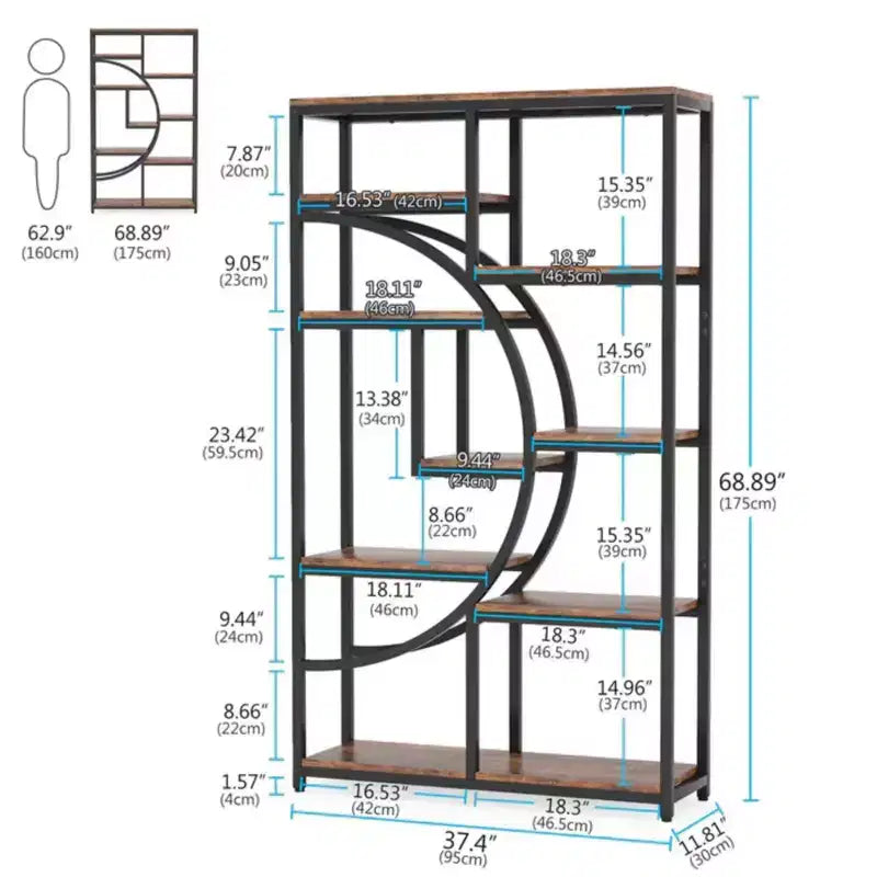 NAYSAYE Scaffale Geometrico da Terra in Metallo e Legno, Espositore a 9 Ripiani Industriale per Soggiorno Ufficio, Nero, 37.43*11.82*68.56