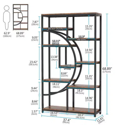 NAYSAYE Scaffale Geometrico da Terra in Metallo e Legno, Espositore a 9 Ripiani Industriale per Soggiorno Ufficio, Nero, 37.43*11.82*68.56