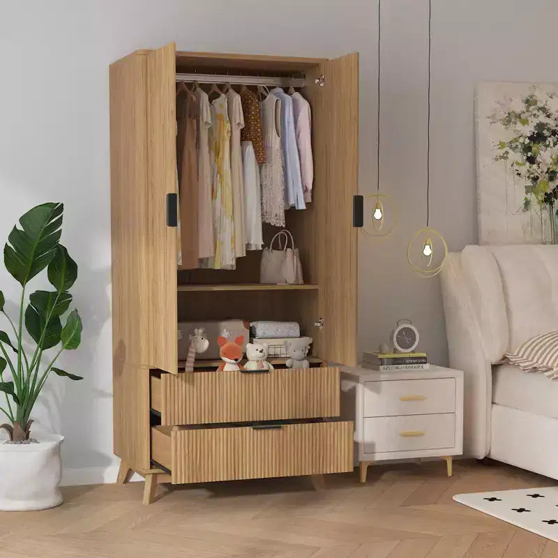 Armoire à portes cannelées, Armoire en bois de 71 pouces avec 2 portes, 2 tiroirs, étagère réglable et tringle de suspension, Armoire de rangement pour vêtements