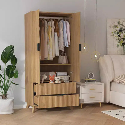 Armoire à portes cannelées, Armoire en bois de 71 pouces avec 2 portes, 2 tiroirs, étagère réglable et tringle de suspension, Armoire de rangement pour vêtements