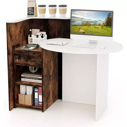 Costway Bancone per Reception, Scrivania da Ufficio con Ripiano Aperto e Cassetto con Serratura, Bianco/Marrone/Nero