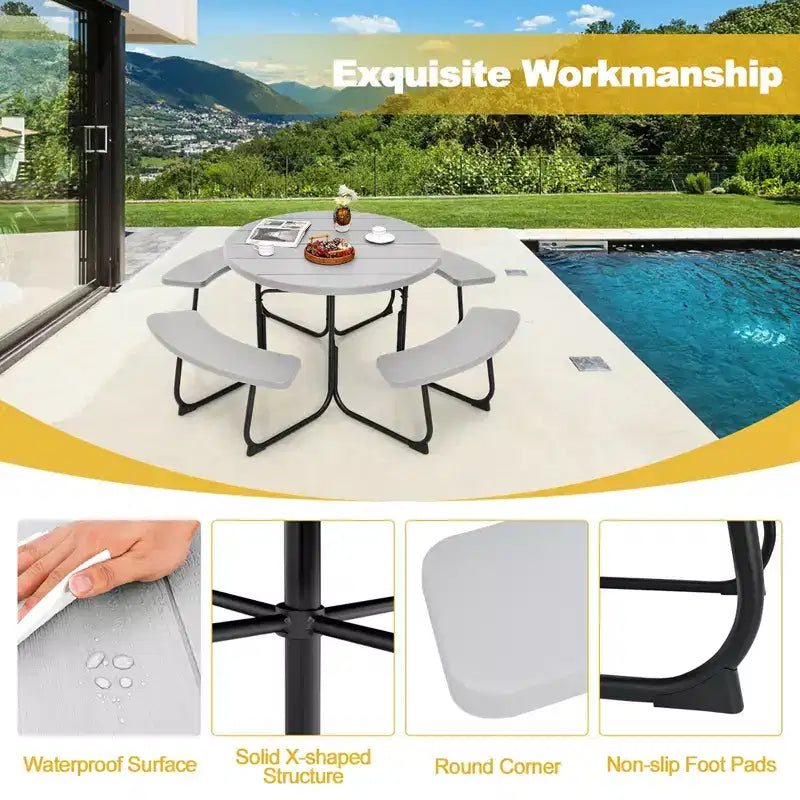 Costway Set Tavolo da Picnic Rotondo da Esterno a 8 Posti con 4 Panche e Foro per Ombrellone Nero/Grigio/Verde/Bianco