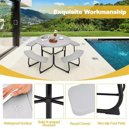 Costway Set Tavolo da Picnic Rotondo da Esterno a 8 Posti con 4 Panche e Foro per Ombrellone Nero/Grigio/Verde/Bianco
