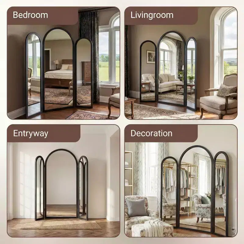 Specchio a tre ante Dovelina 71A*66.5L, specchio a figura intera ad arco reclinabile per soggiorno, sala da pranzo, ingresso, camera da letto, telaio in metallo/legno disponibile